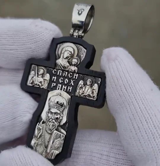 крест «распятие, казанска икона божией матери, николай чудотворец», серебро 925 проба эбен (арт. кэ025нч)